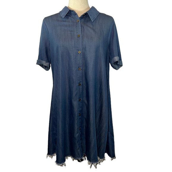 Easel Los Angeles Frayed Hem Short Sleeve Denim Mini Dress Size Small - Picture 1 of 7